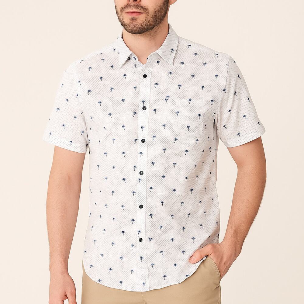 Monument Men’s White & Blue Palm Tree Print Short Sleeve Button-Up Shirt, Size M